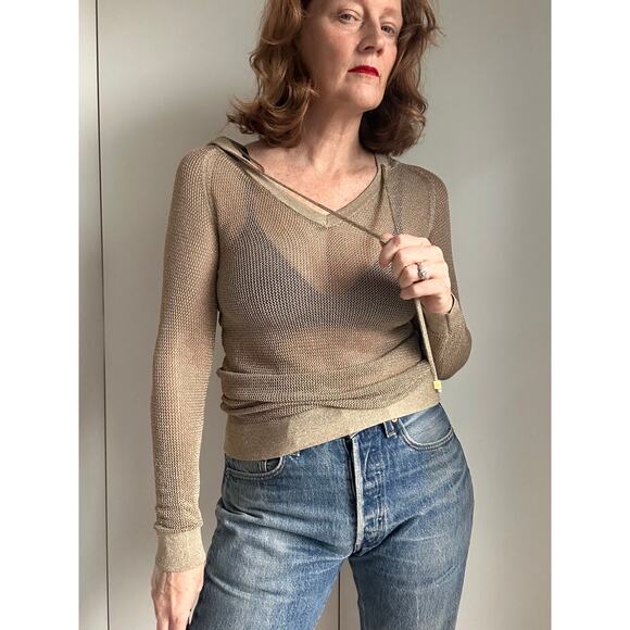 Michael Michael Kors Mesh Sheer Gold Hoodie Sweater Knit Size XS - Picture 5 of 12